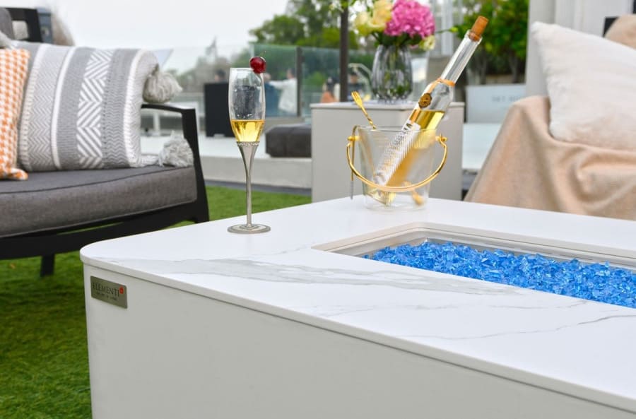 luxury marble gas fireplace and table for the garden terrace in white