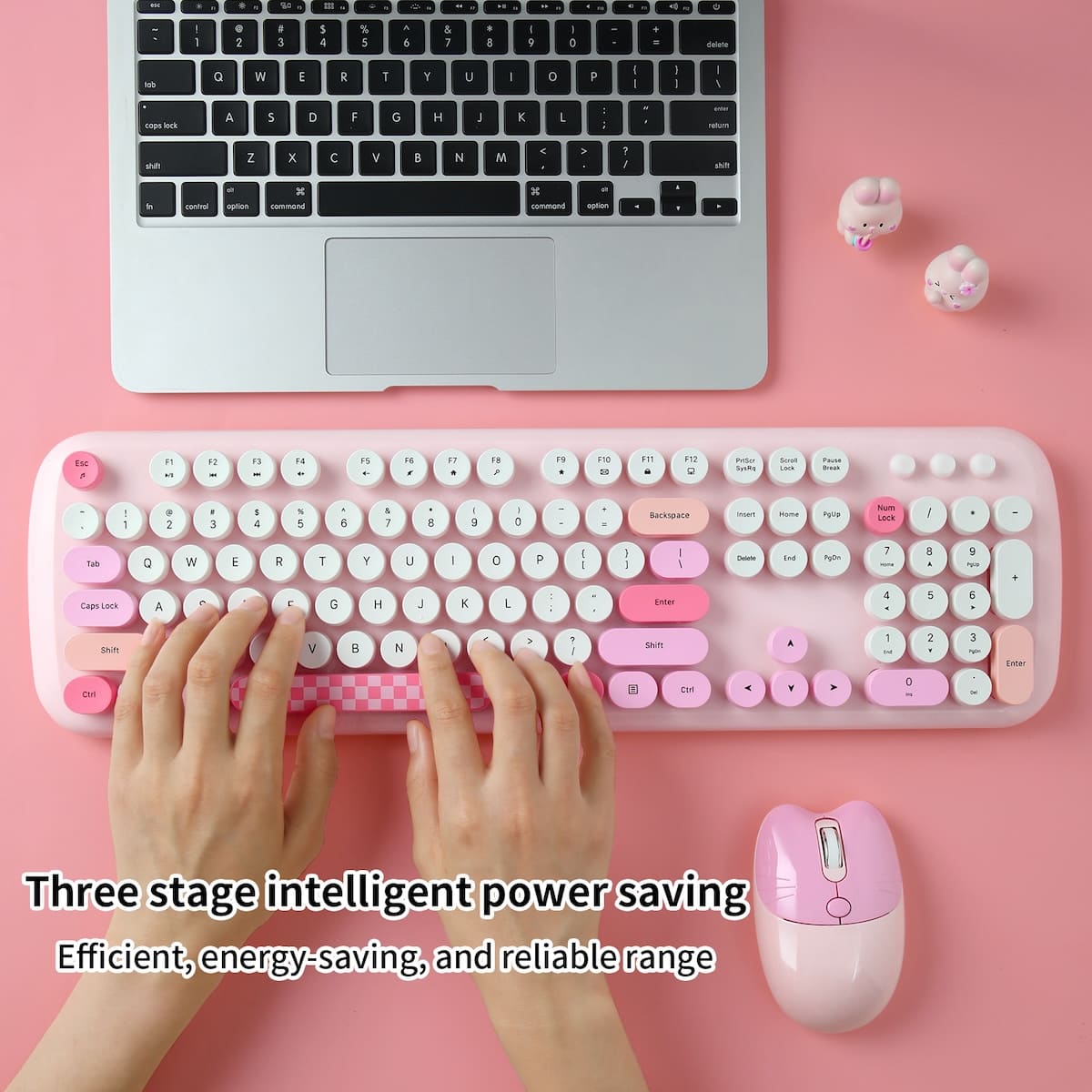 Set of a wireless keyboard with a mouse, pink color for a girl