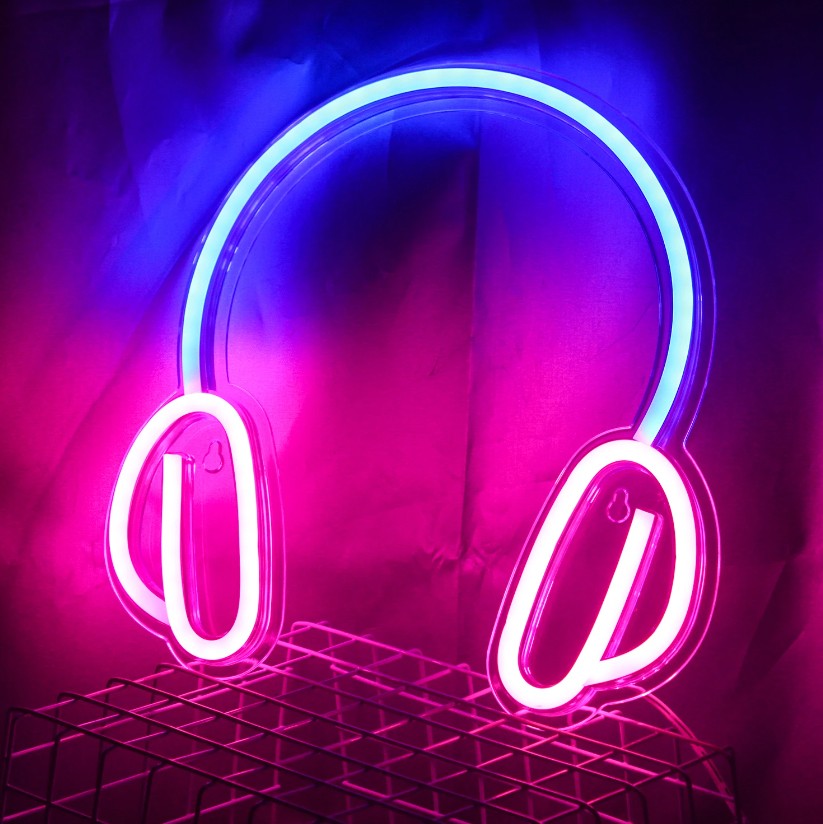 headphones - illuminated LED neon sign logo hanging on the wall