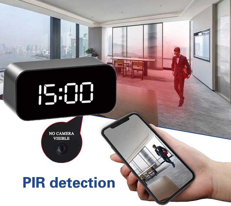 camera in alarm clock with pir detector and night vision