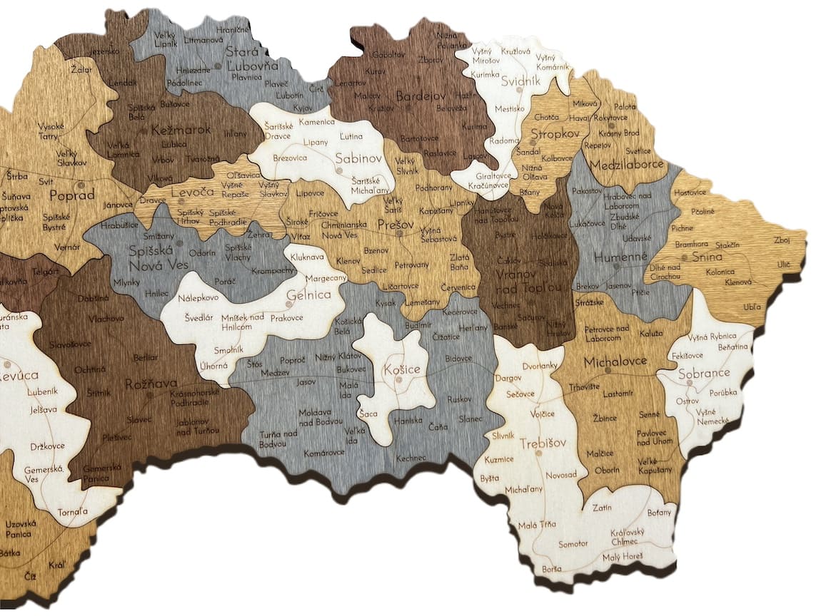 Wall map of Slovakia, cities, towns, villages, 3D wall map