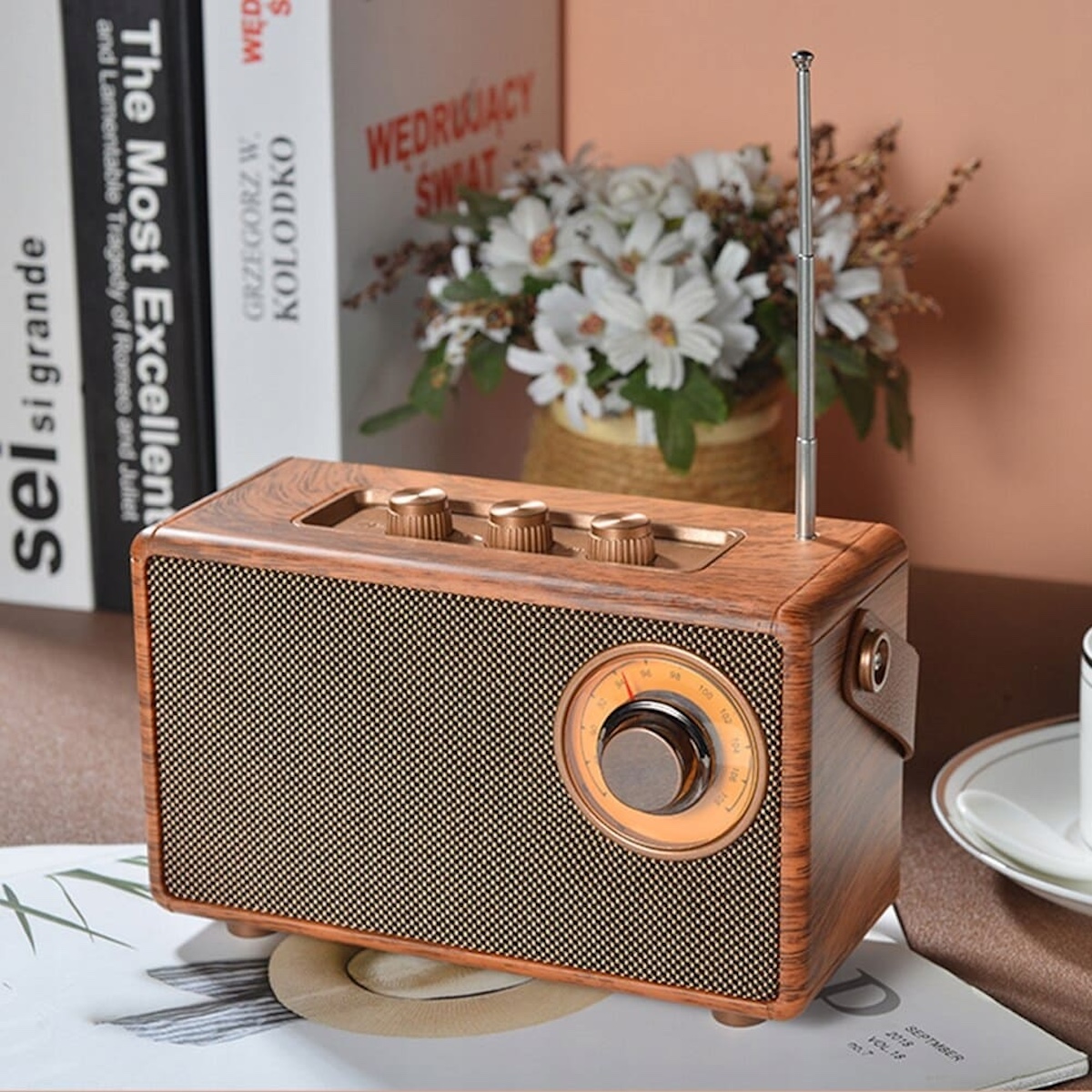 Radio player in retro design vintage wooden mini small