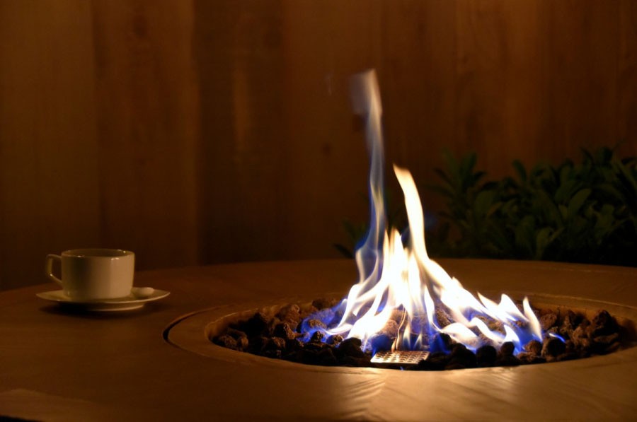 Bar table with gas fireplace - wooden barrel design