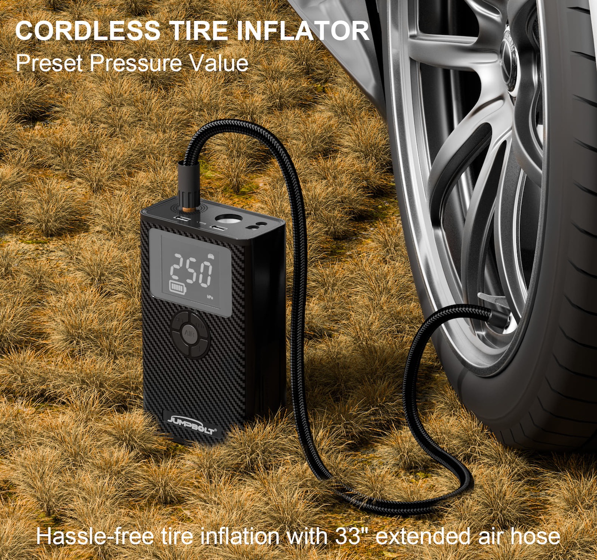 Compressor for car wheels and external power bank battery inflating car tires 
