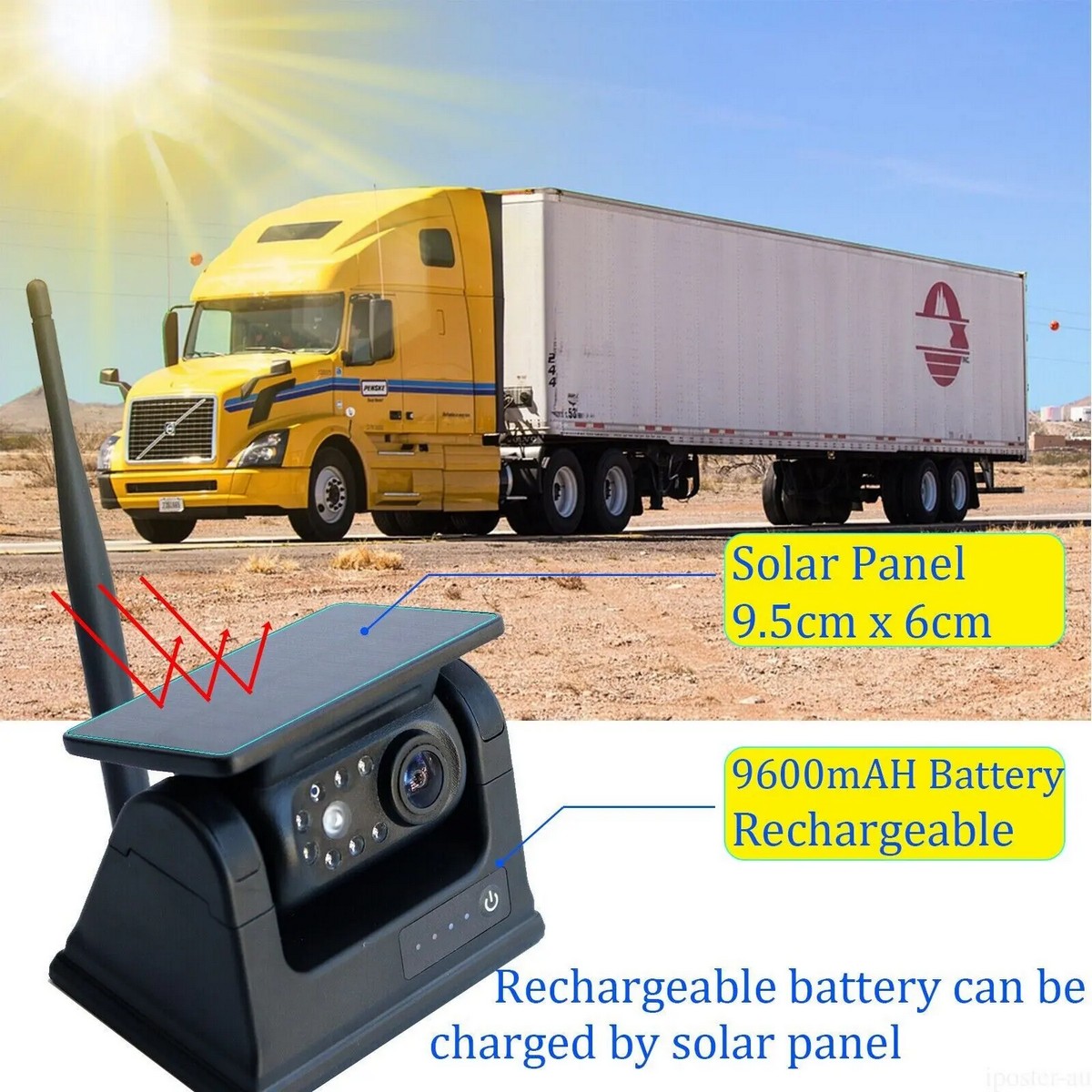 camera with solar panel suitable for trucks and trailers