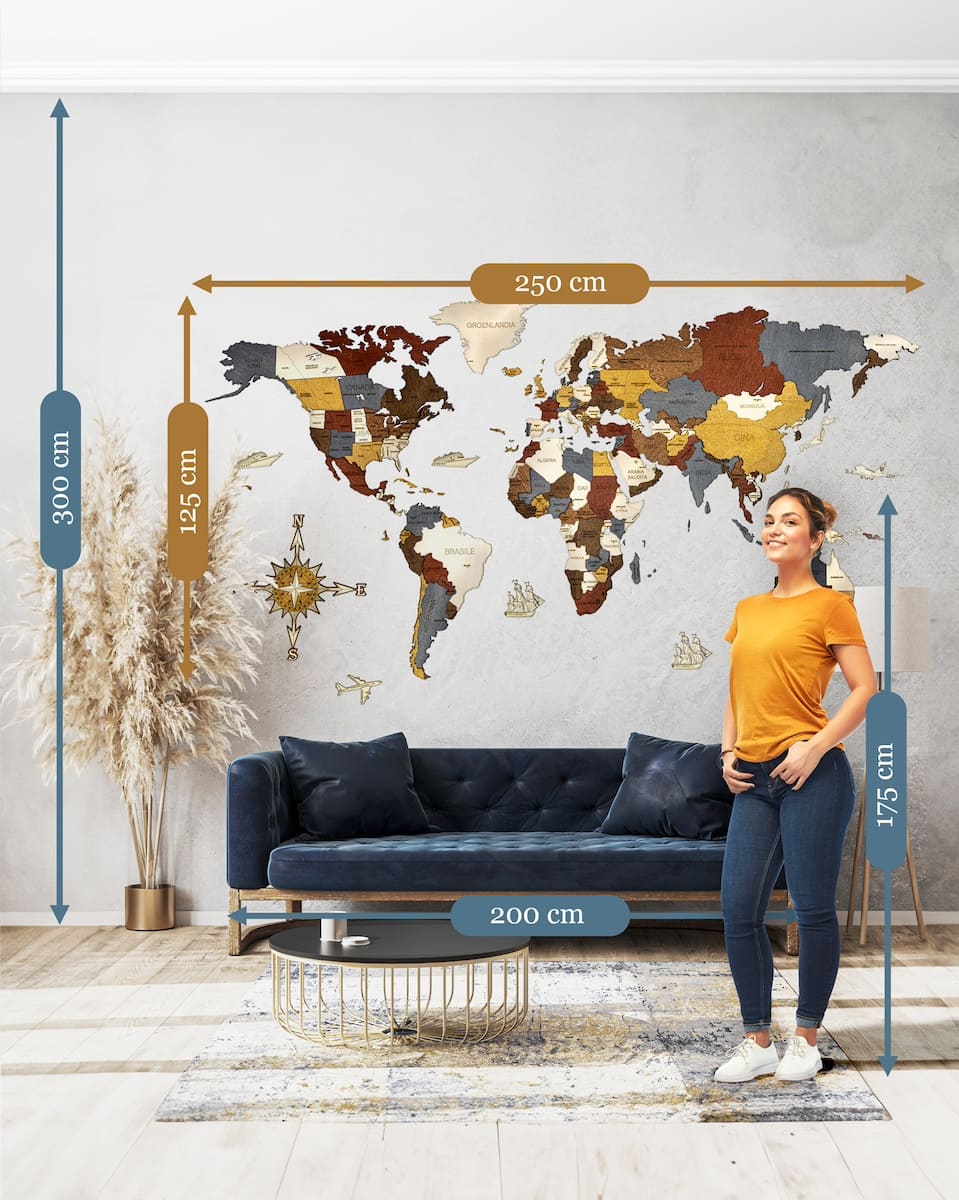 Large 4D wooden wall map of the world for children and adults - decoration from wood